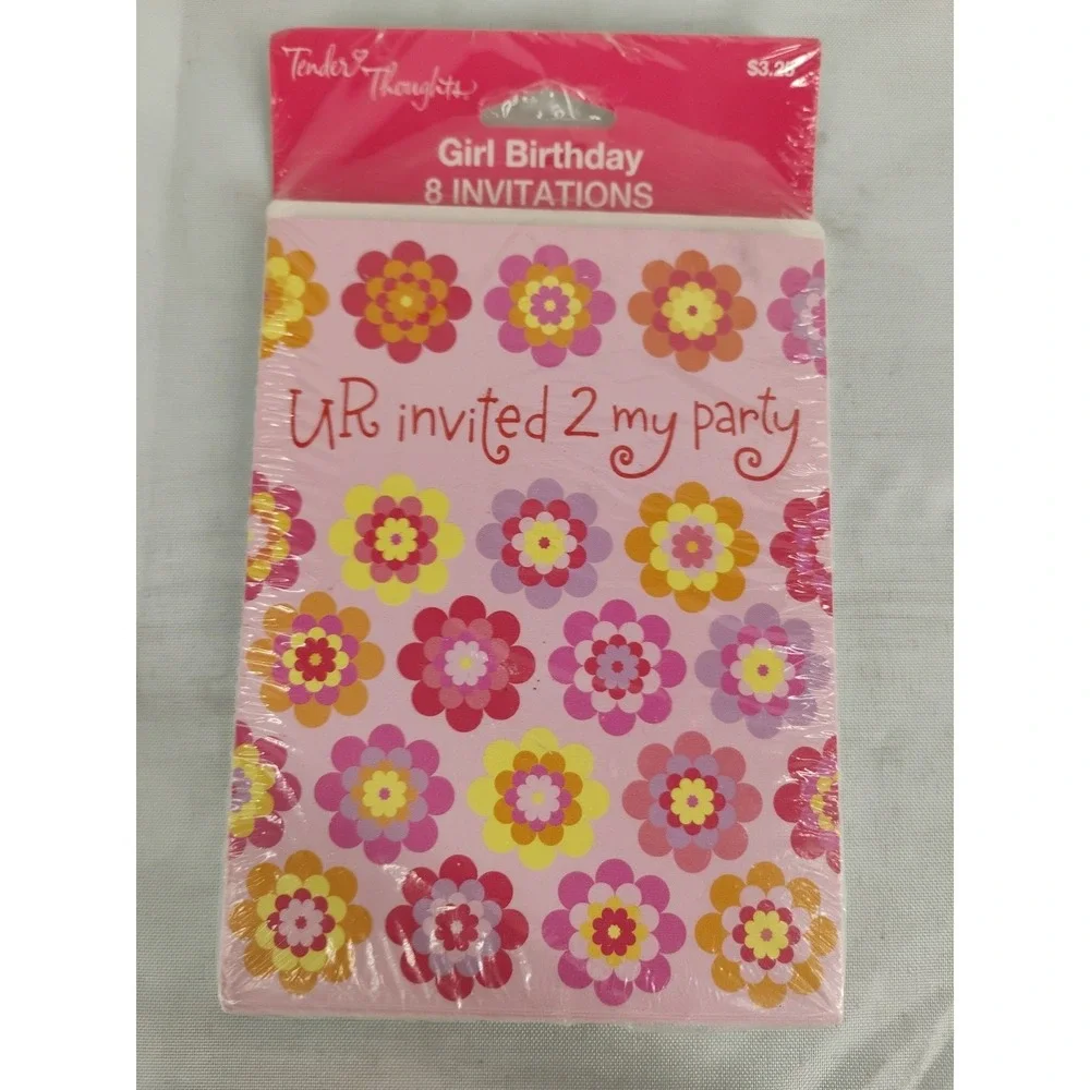 Vtg NOS Tender Thoughts Girl Birthday Party‎ Invitations PINK teenager flower